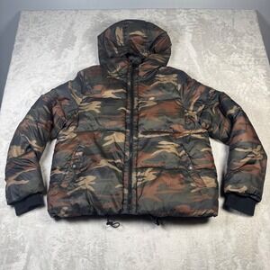 American Eagle Outfitters Camo Puffer Jacket Hooded Zip Front Pockets Womens L